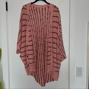 Free People Salmon/Burgundy Striped Oversized Knit Short Sleeve Cardigan Sweater